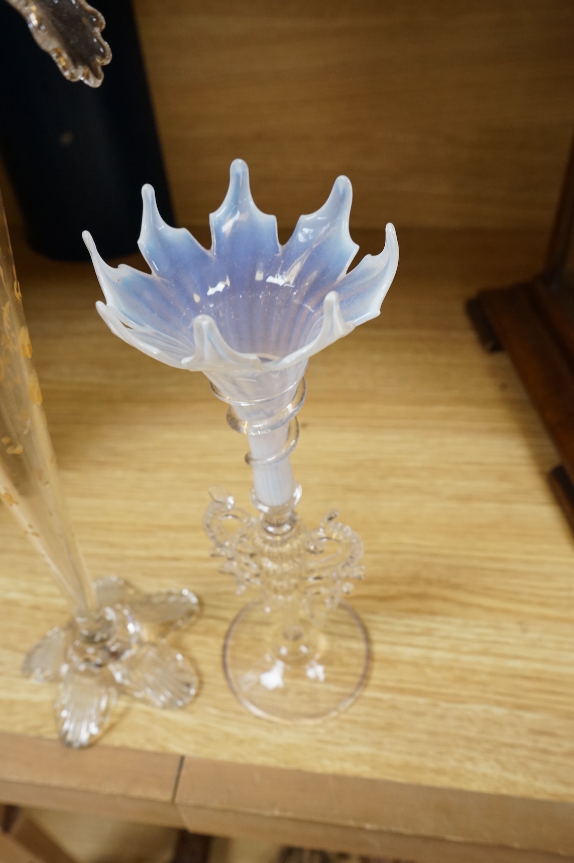 A Venetian opaline glass vase with decorative stem and a similar larger example, 36cm high